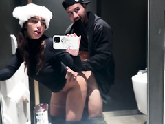 Fit Round-assed Latina Cutie In a Furry Hat Sucks Her BF's Dick & Gets Fucked In the Public Toilet