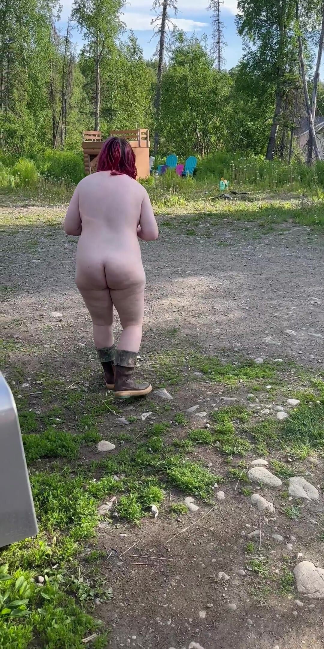 Wifey running nude in our driveway