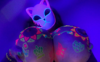 Masked anime-styled babe with huge jugs offers premium tittyfuck