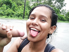 Sexy latina girl ride the motorcycle with her boyfriend and stop to give him a quick blowjob