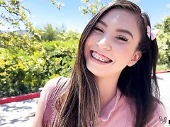 Adorable babe with braces is going to get her tiny coochie fucked