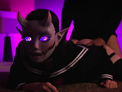 Demon schoolgirl gets her pink pussy pounded by a big cock stud