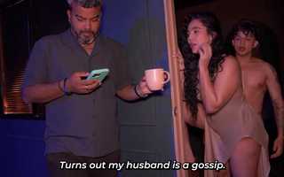 Slutty stepmom risky fucks with her stepson while her husband in the same bed