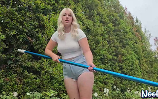 Hot blondie Miasey decided to hop on his cock instead of cleaning the pool POV