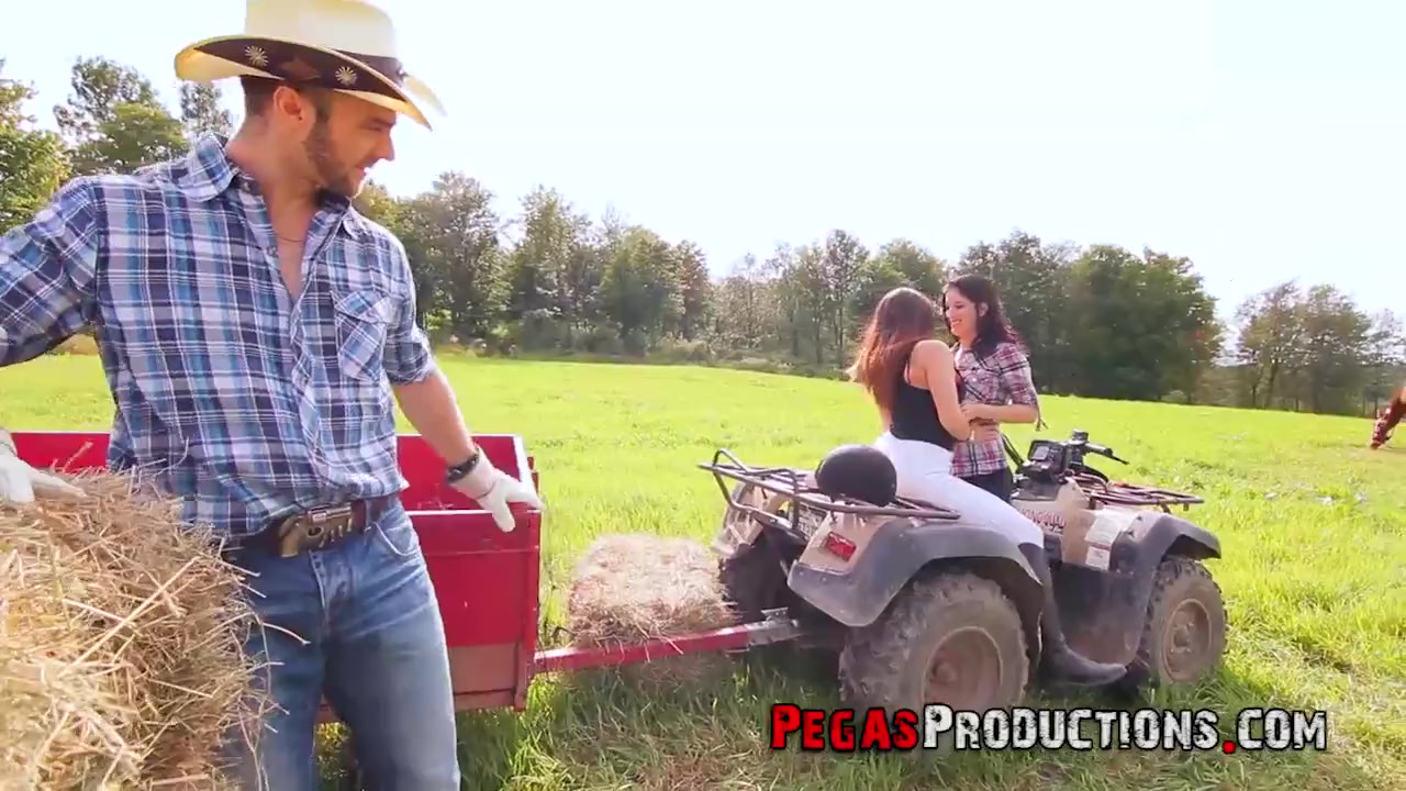 Farmer boy fucks two country girls on tractor in open field