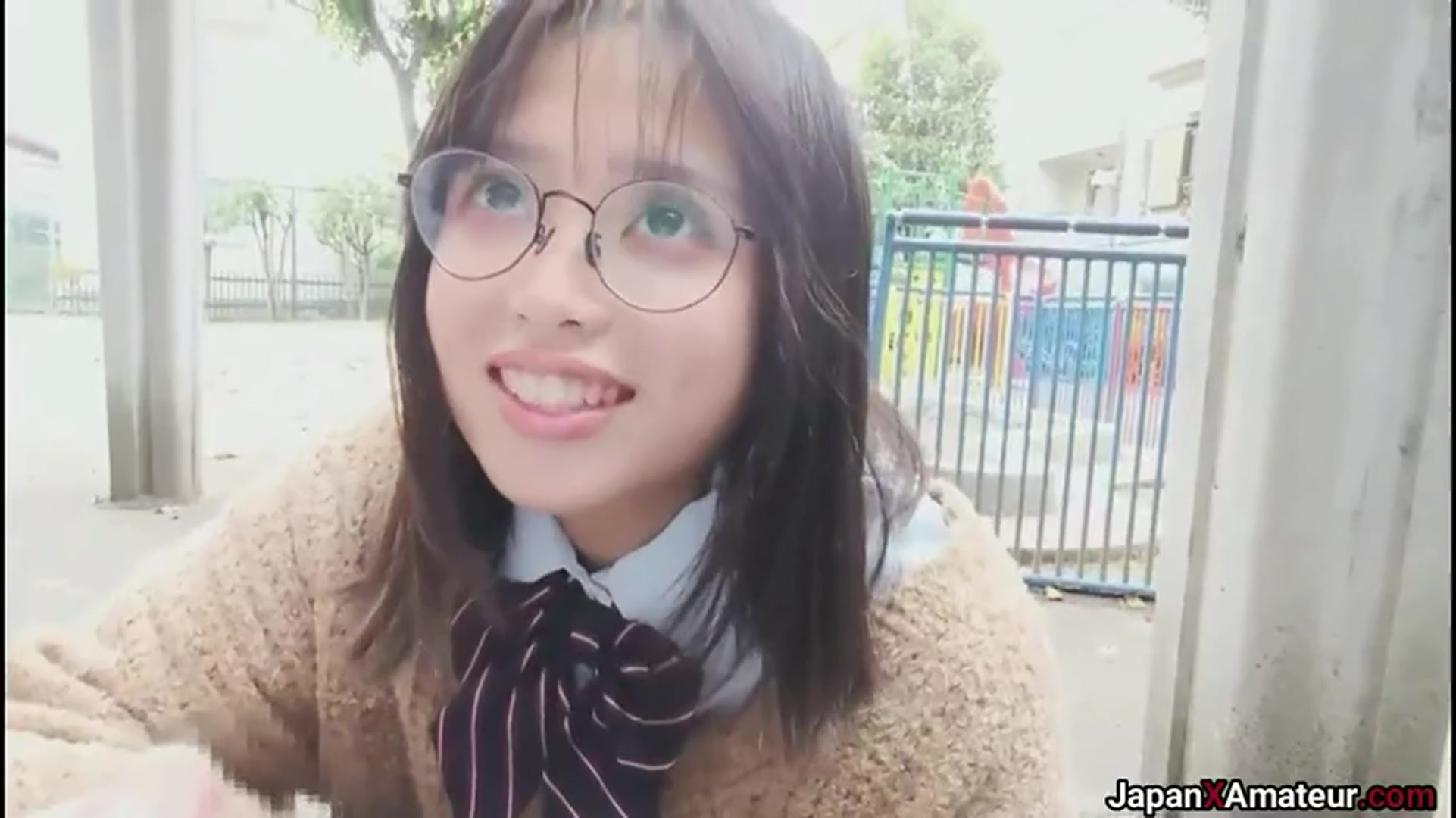 Amateur Japanese Girl With Glasses Deepthroating A Cock In A Park