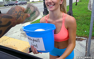 Volleyball girl Molly Mae fucks in van to get cash for her team